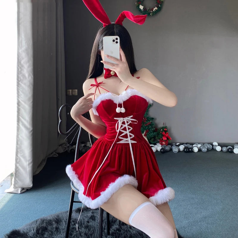 Velvet Bunny Santa Dress | Christmas Party Costume Set