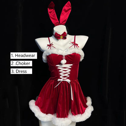 Velvet Bunny Santa Dress | Christmas Party Costume Set