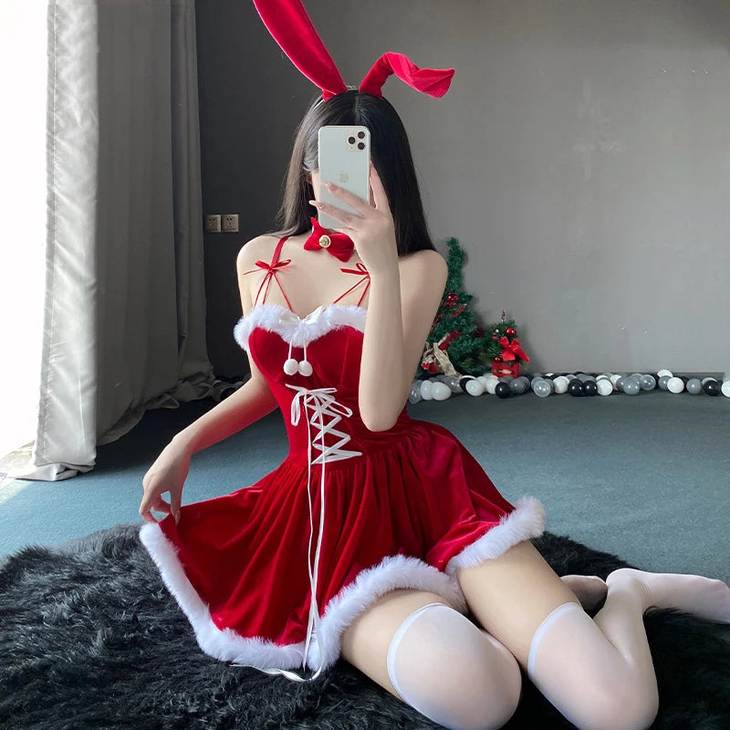 Velvet Bunny Santa Dress | Christmas Party Costume Set